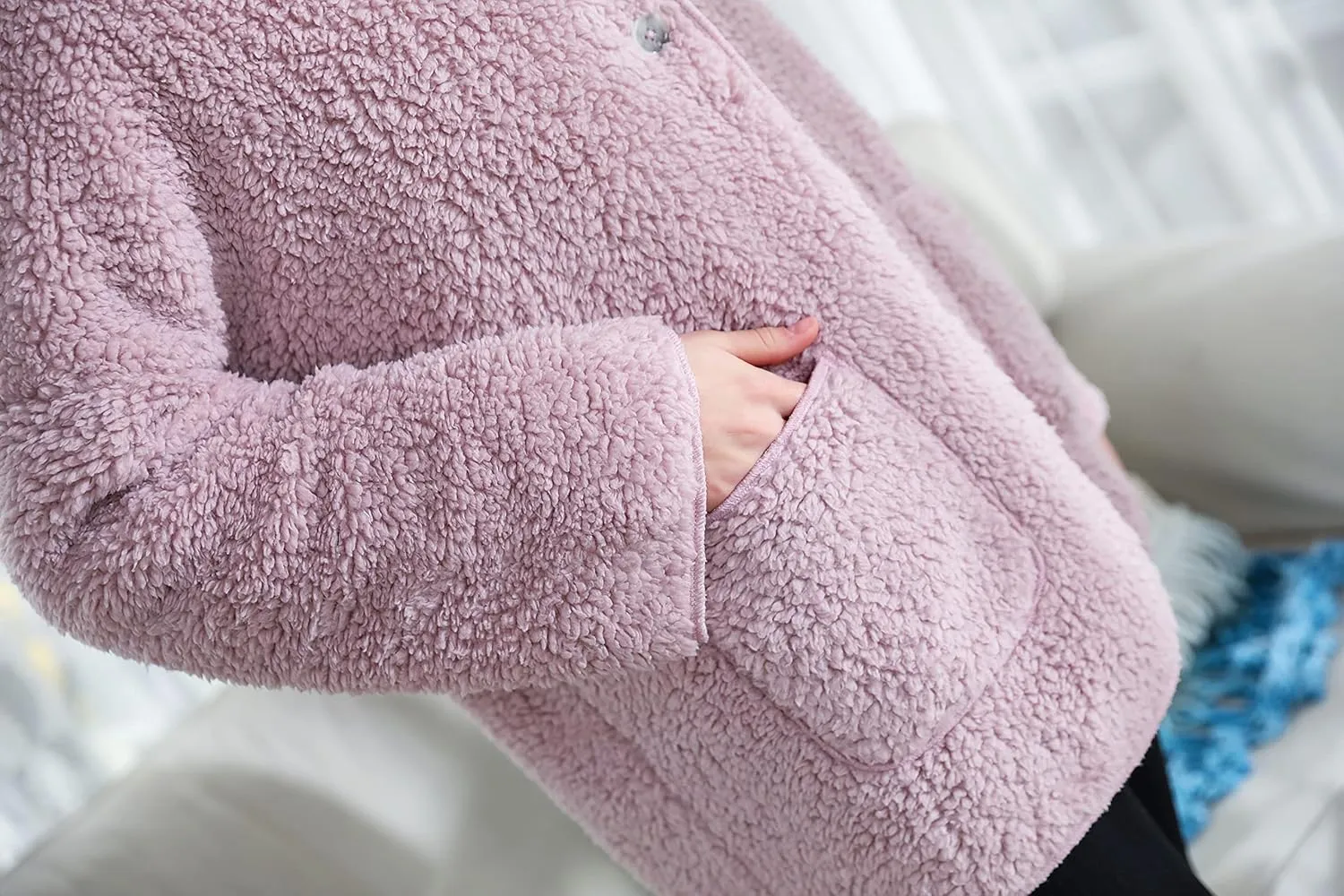 Sherpa Plush Reversible equality Button Front Bed Jacket Women's Lilac/Ivory 
