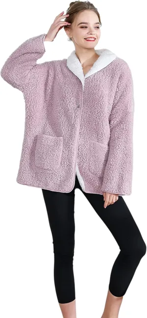 Sherpa Plush Reversible equality Button Front Bed Jacket Women's Lilac/Ivory 