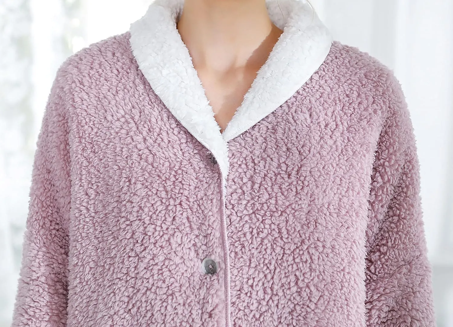 Sherpa Plush Reversible equality Button Front Bed Jacket Women's Lilac/Ivory 