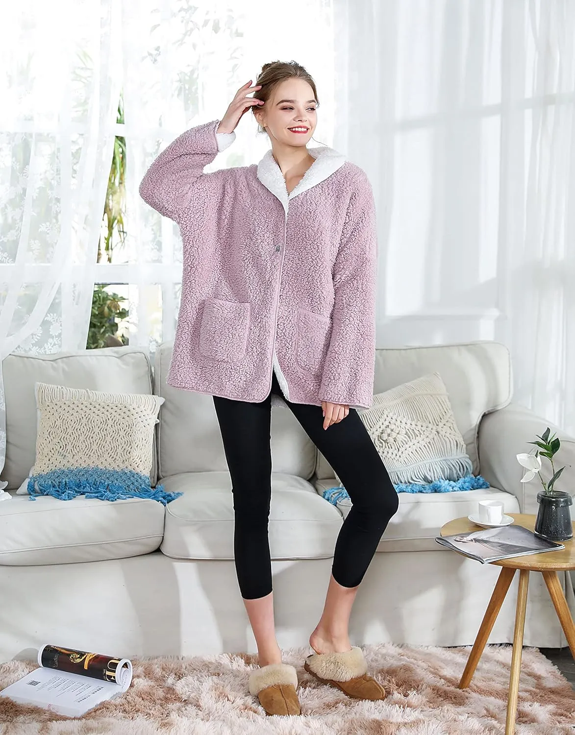 Sherpa Plush Reversible equality Button Front Bed Jacket Women's Lilac/Ivory 