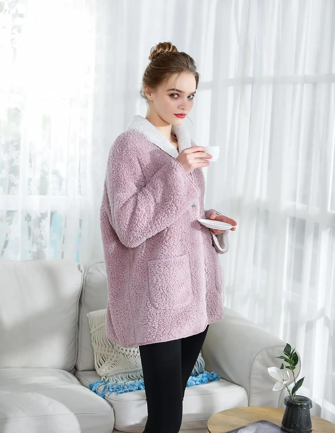 Sherpa Plush Reversible equality Button Front Bed Jacket Women's Lilac/Ivory 