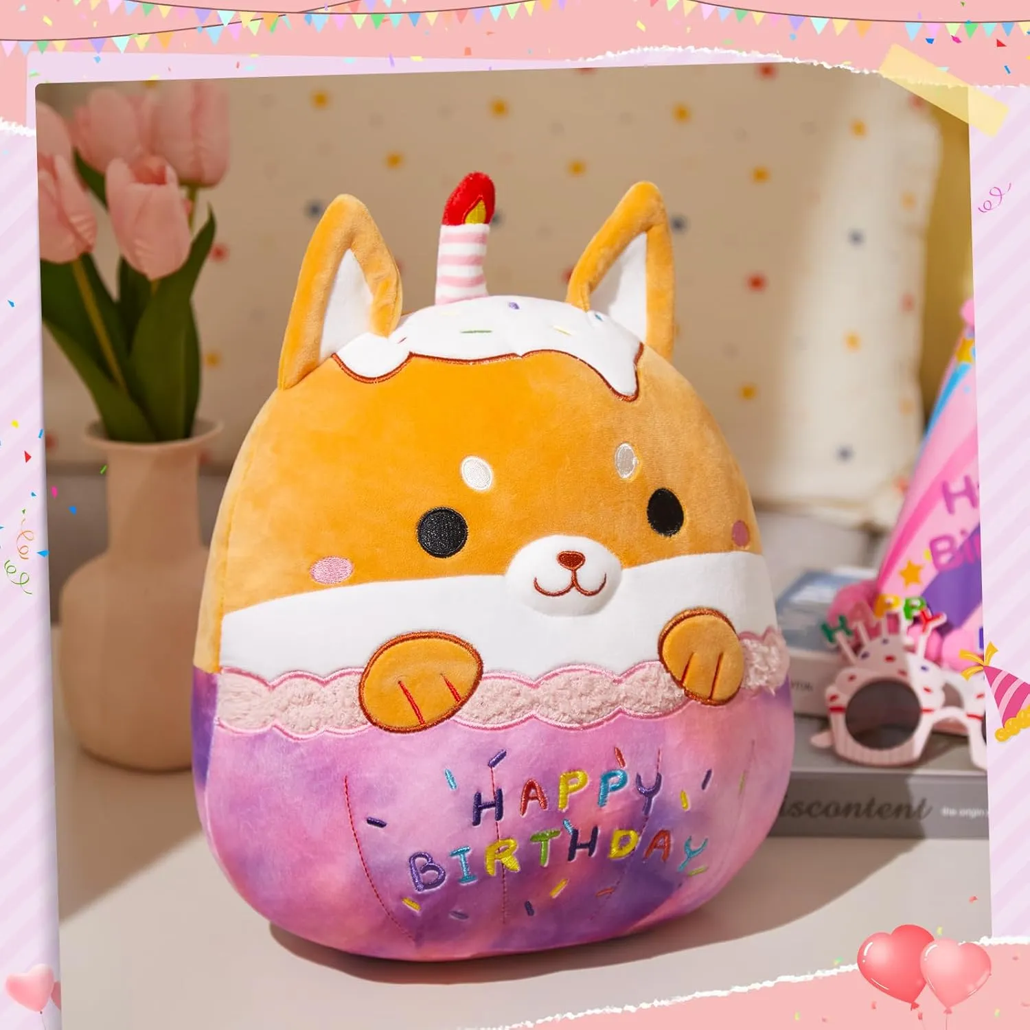 Shiba Inu Soft Puppy Plush Pillow Birthday Decor inaccurate eloquent Toys with Candles Kawaii Plushie Gifts Toys for Toddlers Kids Boys Girls Athoinsu 14" Happy Birthday Dog Stuffed Animals Cute 