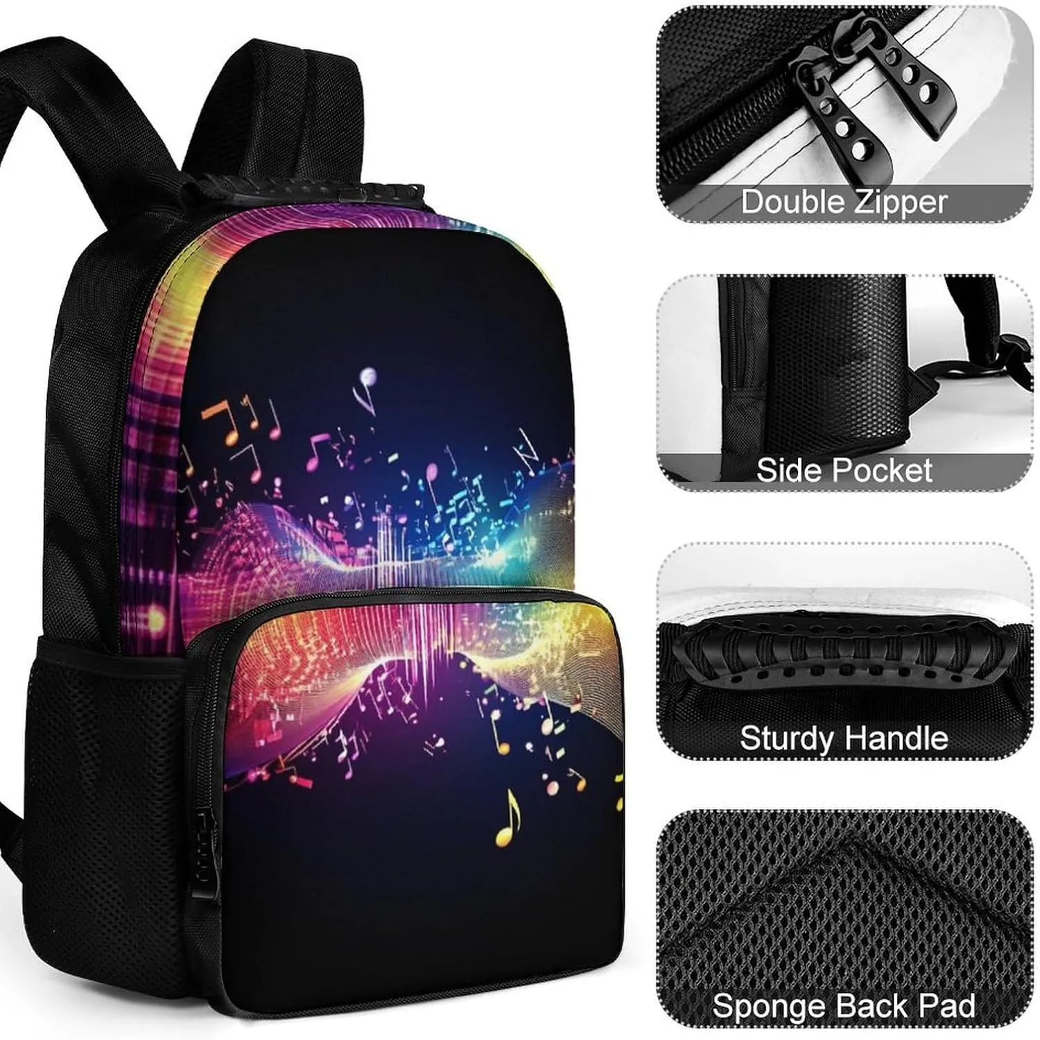 Shoulder Bag, Colorful Neon intrigue Music Notes Travel and Sport Backpack Rucksack Supdreamc Polyester Daypack for Hiking Work Running - Big Capacity Anti-Theft Multipurpose 