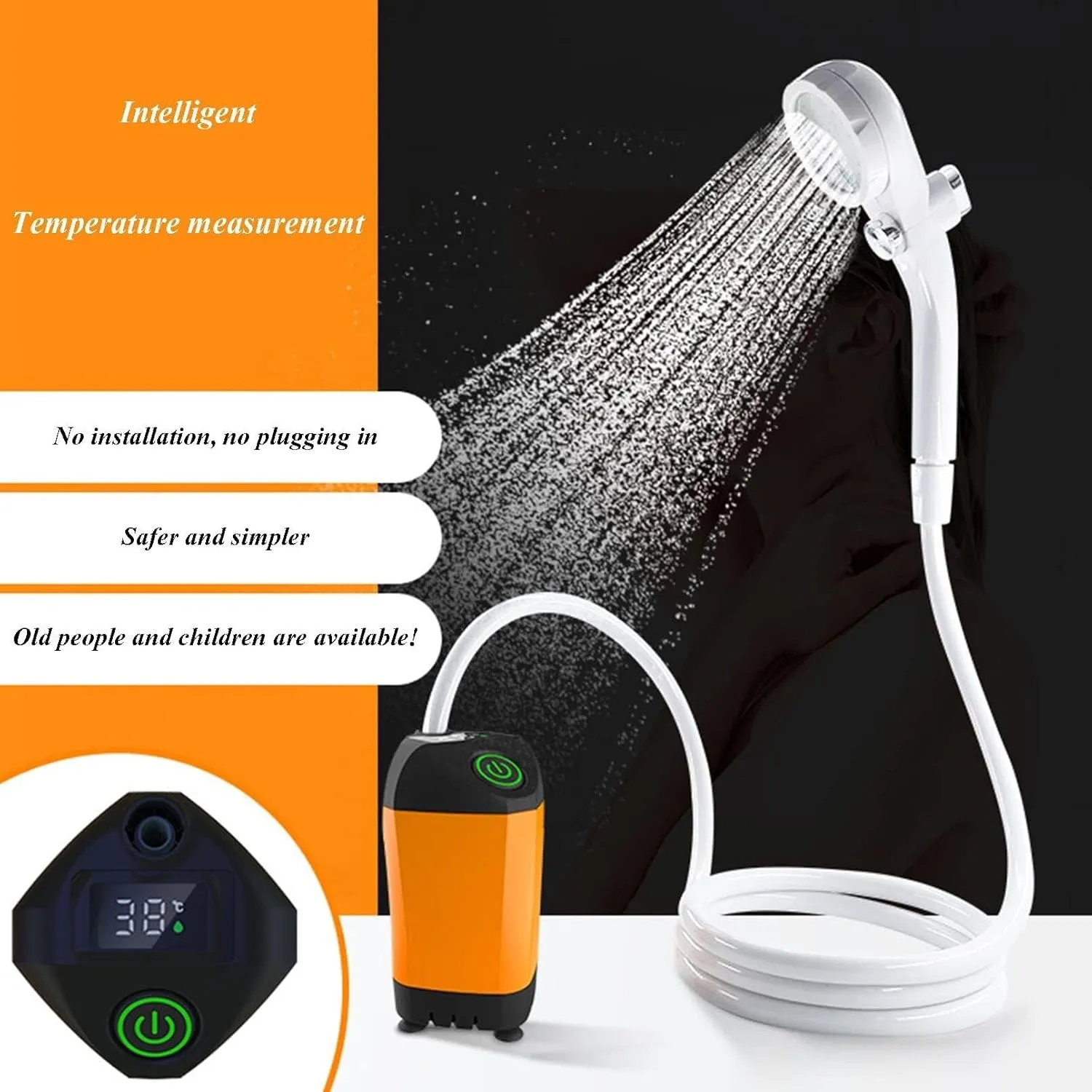 Shower Head | Electric Handheld Shower Combo with Digital Display, USB Charging, 78 Inch Hose | Adjustable Spray Modes for Camping and Travel(Orange) Outdoor bisect rationale Portable 