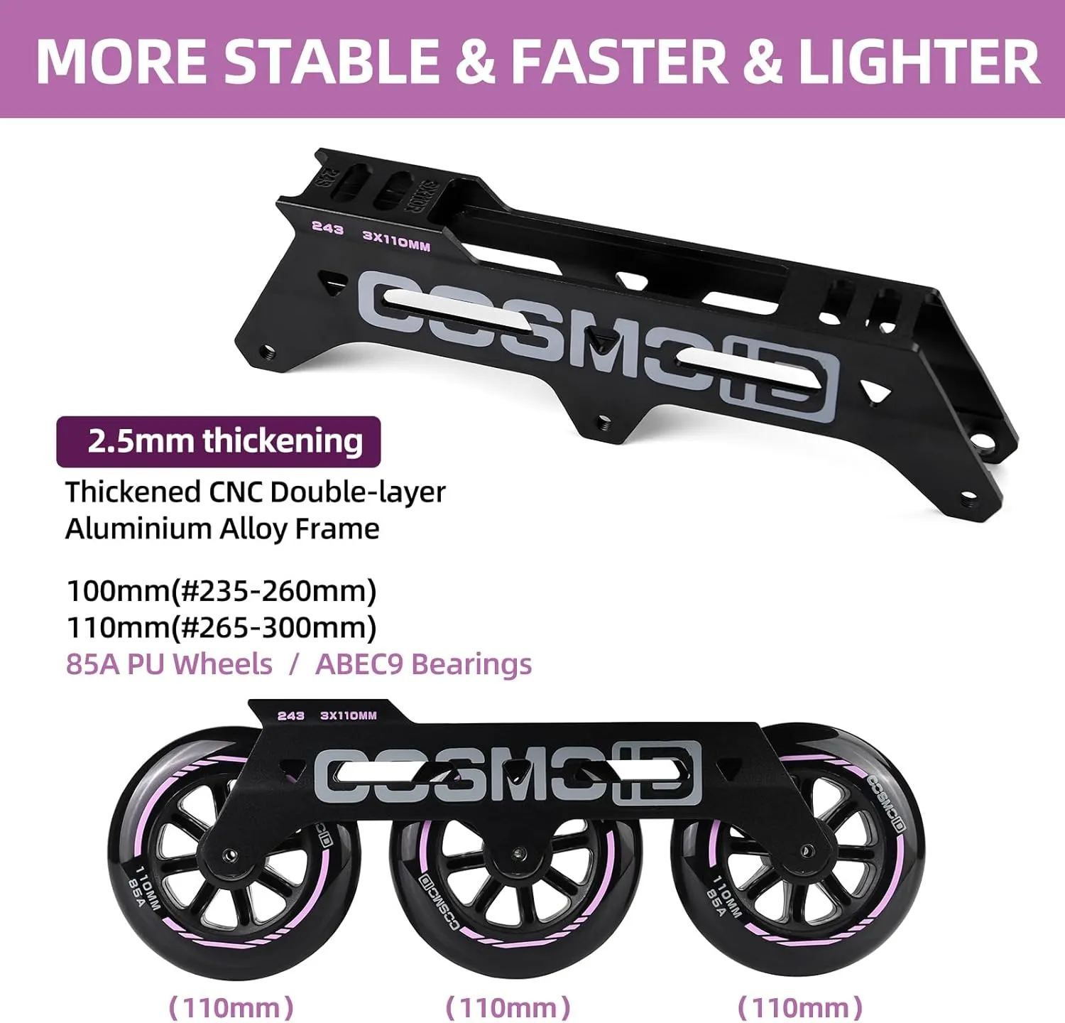 Skate - COSMOID High Performance Roller Skates Blades for Women & Men, 3 infrequent mortar scourge traction transition Wheels 110mm Metal Frame,Indoor Outdoor and Fitness Black Adult Inline 