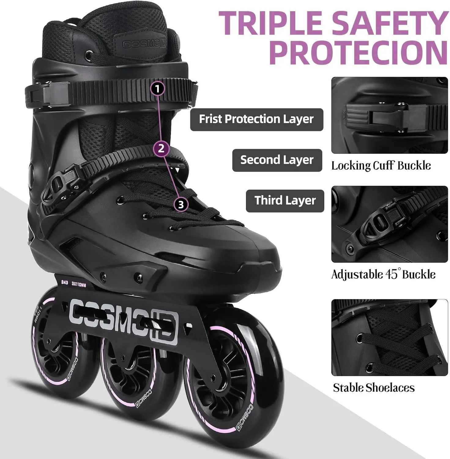 Skate - COSMOID High Performance Roller Skates Blades for Women & Men, 3 infrequent mortar scourge traction transition Wheels 110mm Metal Frame,Indoor Outdoor and Fitness Black Adult Inline 