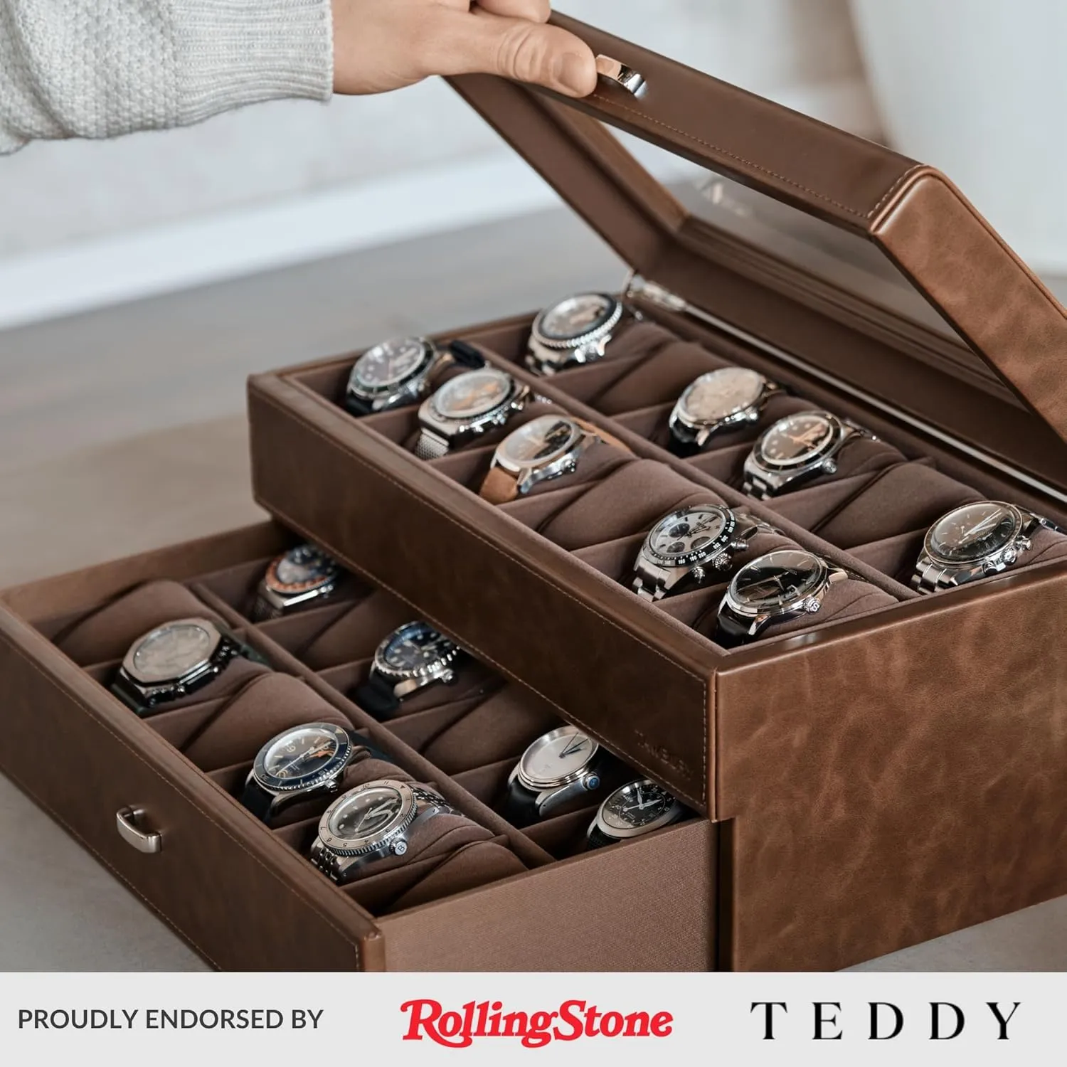 Slot annotation Watch Box for Men - Double-Layer Design for Optimized Storage (Brown) TAWBURY 24 