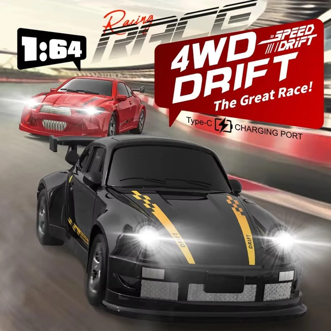 Sports Vehicle Model Hobby Desktop Gift for Adults 1:64 Scale Racing RC Drift Car, High Speed 4WD Mini Full imitator Proportional RTR 2.4Ghz Remote Control Car 
