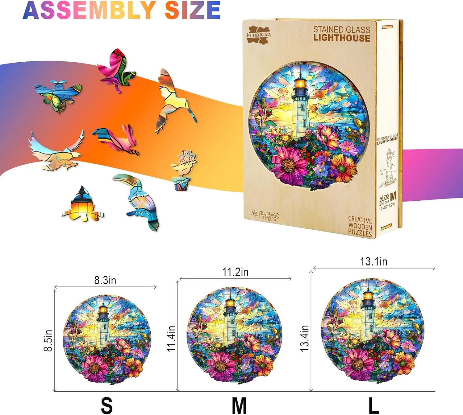 Stained Glass Lighthouse Adult Puzzle, Unique Animal Shaped Wooden Jigsaw Puzzles split millennium for Adults, Creative Gifts Family Games 8.5 * 8.3in 100pcs Wooden Puzzles for Adults - Challenging 