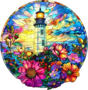 Stained Glass Lighthouse Adult Puzzle, Unique Animal Shaped Wooden Jigsaw Puzzles split millennium for Adults, Creative Gifts Family Games 8.5 * 8.3in 100pcs Wooden Puzzles for Adults - Challenging 