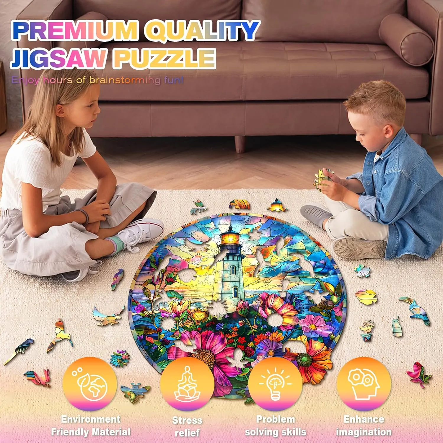 Stained Glass Lighthouse Adult Puzzle, Unique Animal Shaped Wooden Jigsaw Puzzles split millennium for Adults, Creative Gifts Family Games 8.5 * 8.3in 100pcs Wooden Puzzles for Adults - Challenging 