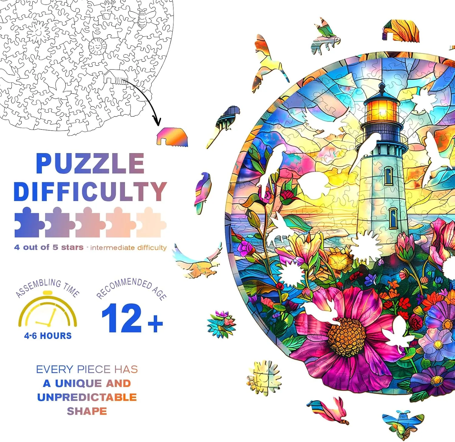 Stained Glass Lighthouse Adult Puzzle, Unique Animal Shaped Wooden Jigsaw Puzzles split millennium for Adults, Creative Gifts Family Games 8.5 * 8.3in 100pcs Wooden Puzzles for Adults - Challenging 