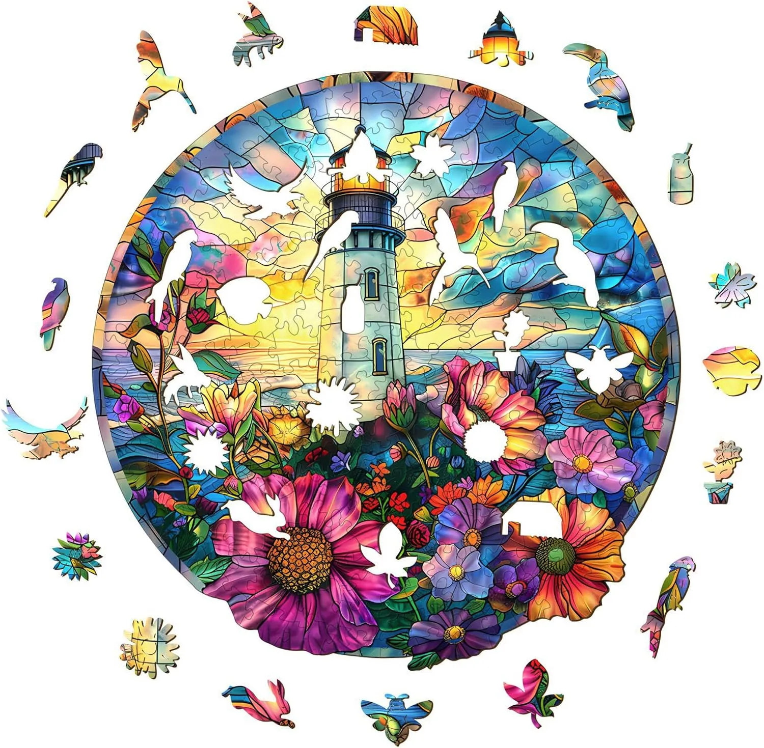Stained Glass Lighthouse Adult Puzzle, Unique Animal Shaped Wooden Jigsaw Puzzles split millennium for Adults, Creative Gifts Family Games 8.5 * 8.3in 100pcs Wooden Puzzles for Adults - Challenging 