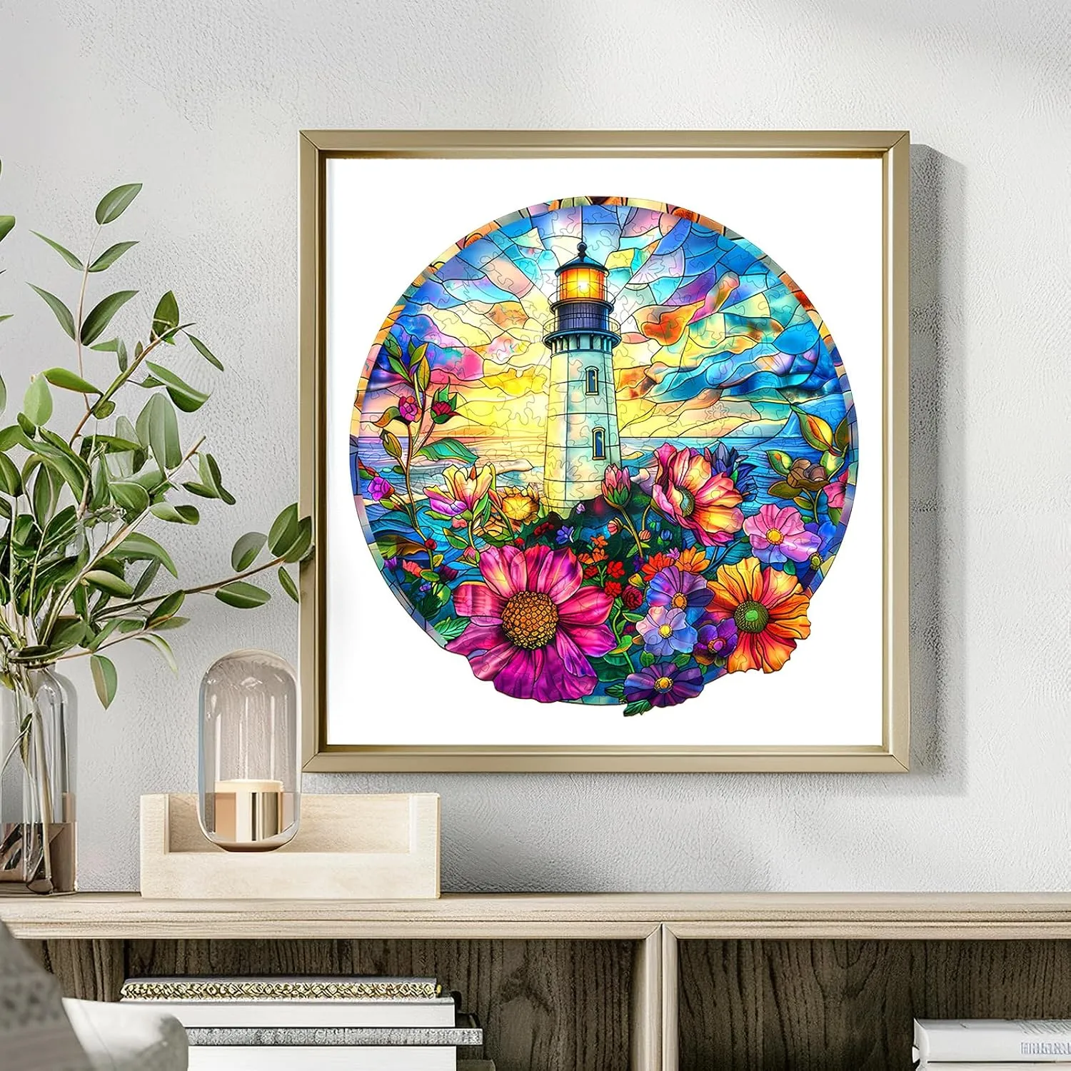 Stained Glass Lighthouse Adult Puzzle, Unique Animal Shaped Wooden Jigsaw Puzzles split millennium for Adults, Creative Gifts Family Games 8.5 * 8.3in 100pcs Wooden Puzzles for Adults - Challenging 
