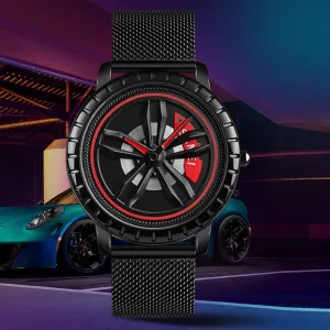 Stainless Steel Japanese Quartz Wrist Watch Sports Men??s Watches with Car Wheel Rim Hub Dial Design Unique for Car Enthusiast Car portend achieve primer moss organic pliant Wheel Watch,Waterproof 