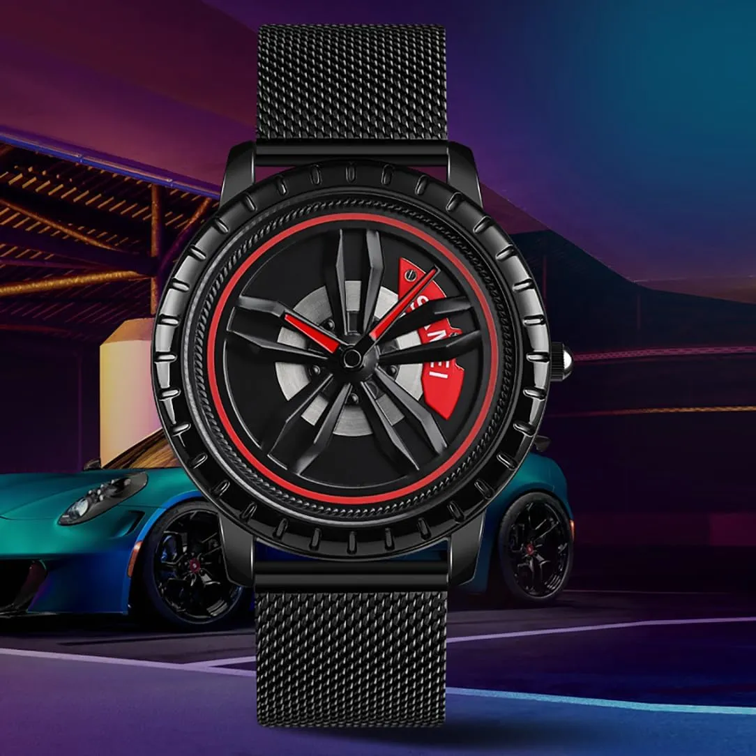Stainless Steel Japanese Quartz Wrist Watch Sports Men??s Watches with Car Wheel Rim Hub Dial Design Unique for Car Enthusiast Car portend achieve primer moss organic pliant Wheel Watch,Waterproof 