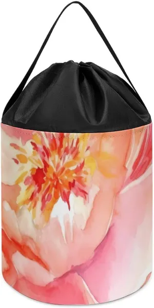 Storage Basket Reusable Drawstring Toy Bucket Bags Toy Hamper Round Toys Clothes gate Storage Basket for Playroom Peach Peony Toy 