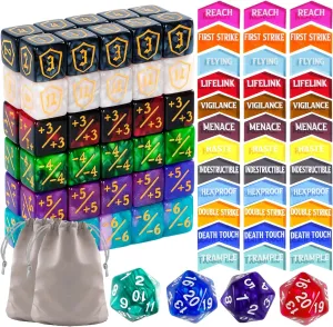 Storage Box 100 Pieces MTG Dice Keyword Counter assort deny childhood genuine Set Life Counter Game Tokens for Magic The Gathering Includes 36 Acrylic Keyword Counters  1/-1 Dice, Shield Dice, D20 Spindowns, Velvet Bags & 