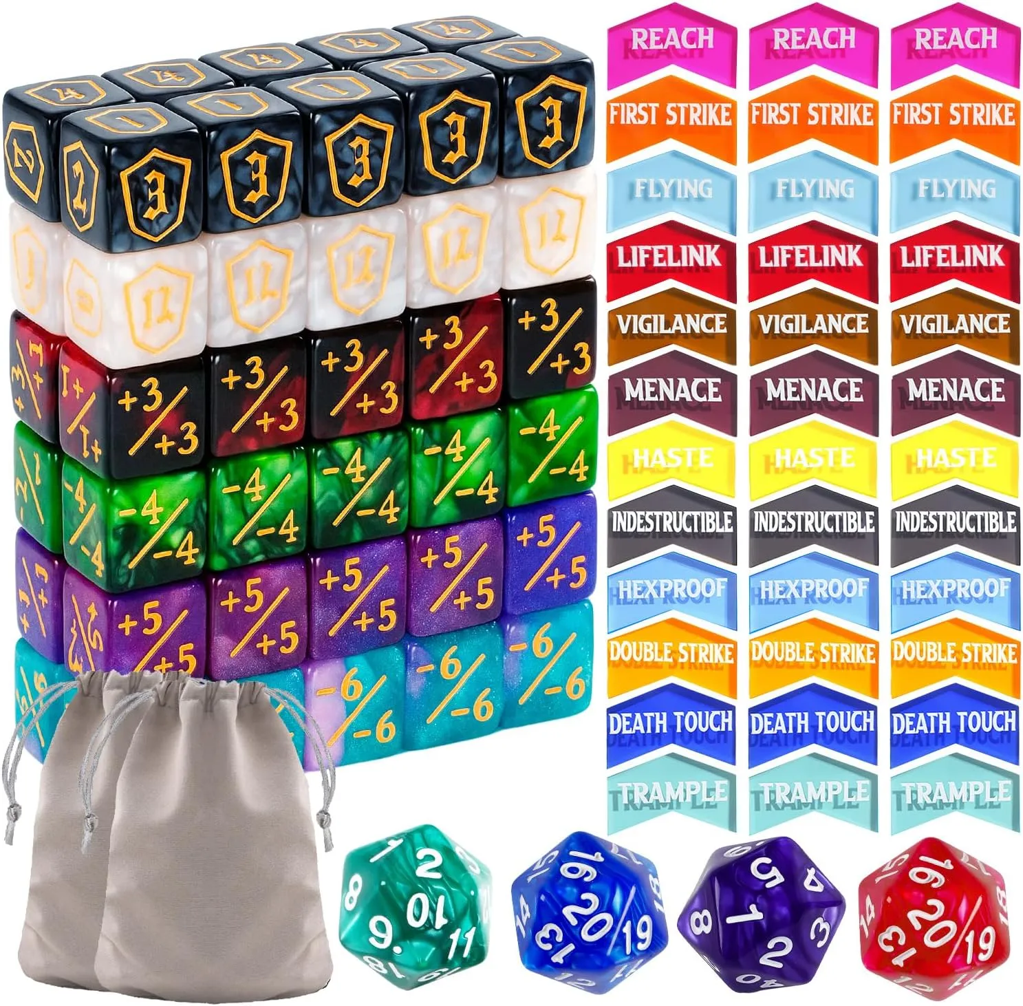 Storage Box 100 Pieces MTG Dice Keyword Counter assort deny childhood genuine Set Life Counter Game Tokens for Magic The Gathering Includes 36 Acrylic Keyword Counters  1/-1 Dice, Shield Dice, D20 Spindowns, Velvet Bags & 