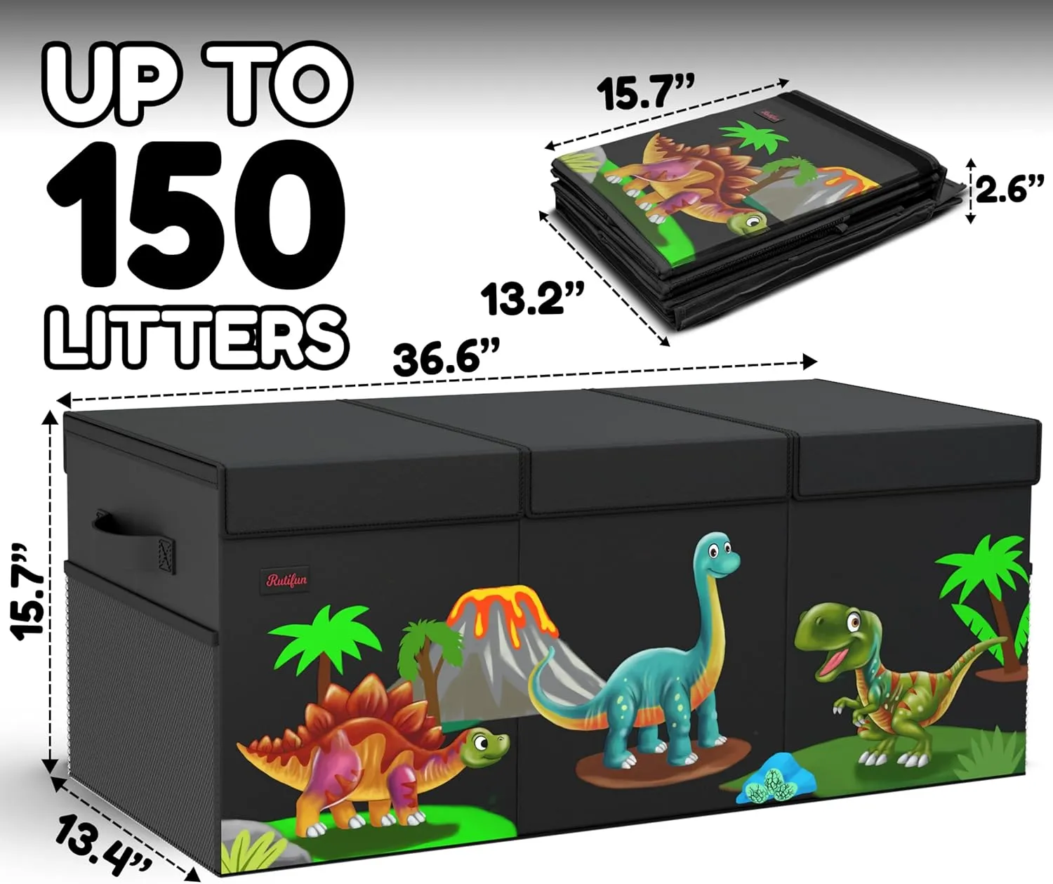 Storage with Removable Dividers & Mesh Pocket - Black XL Dinosaur Toy Box rug scarcity opaque fine - Foldable & Collapsible Cardboard Toy Chest Storage, Cute Dinosaur Design - Extra Large Organizer with Lid, Kids 