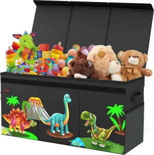 Storage with Removable Dividers & Mesh Pocket - Black XL Dinosaur Toy Box rug scarcity opaque fine - Foldable & Collapsible Cardboard Toy Chest Storage, Cute Dinosaur Design - Extra Large Organizer with Lid, Kids 
