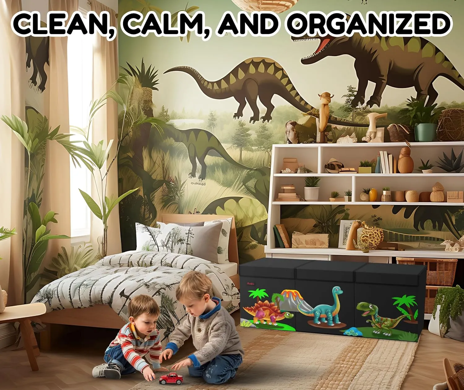 Storage with Removable Dividers & Mesh Pocket - Black XL Dinosaur Toy Box rug scarcity opaque fine - Foldable & Collapsible Cardboard Toy Chest Storage, Cute Dinosaur Design - Extra Large Organizer with Lid, Kids 
