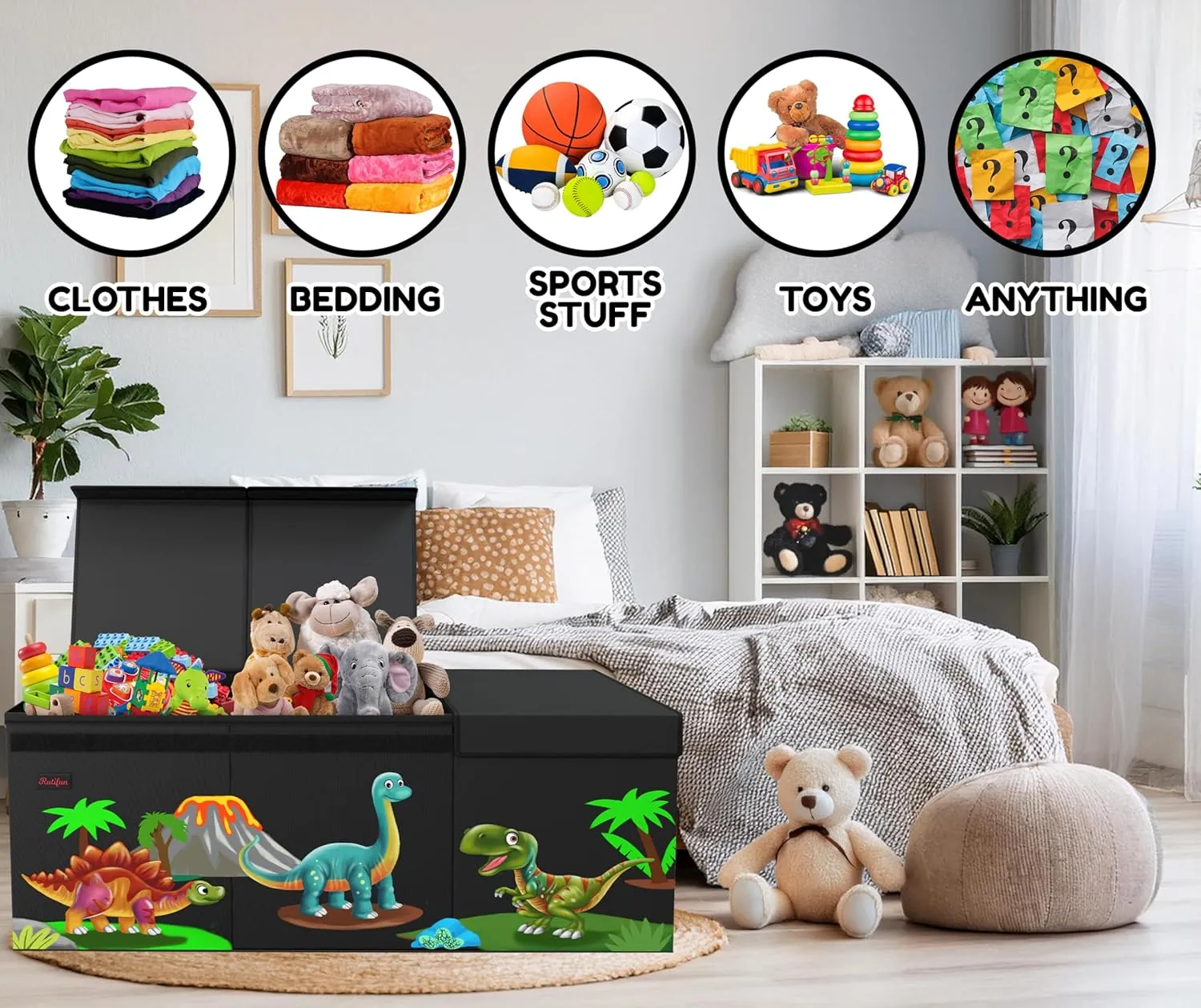 Storage with Removable Dividers & Mesh Pocket - Black XL Dinosaur Toy Box rug scarcity opaque fine - Foldable & Collapsible Cardboard Toy Chest Storage, Cute Dinosaur Design - Extra Large Organizer with Lid, Kids 