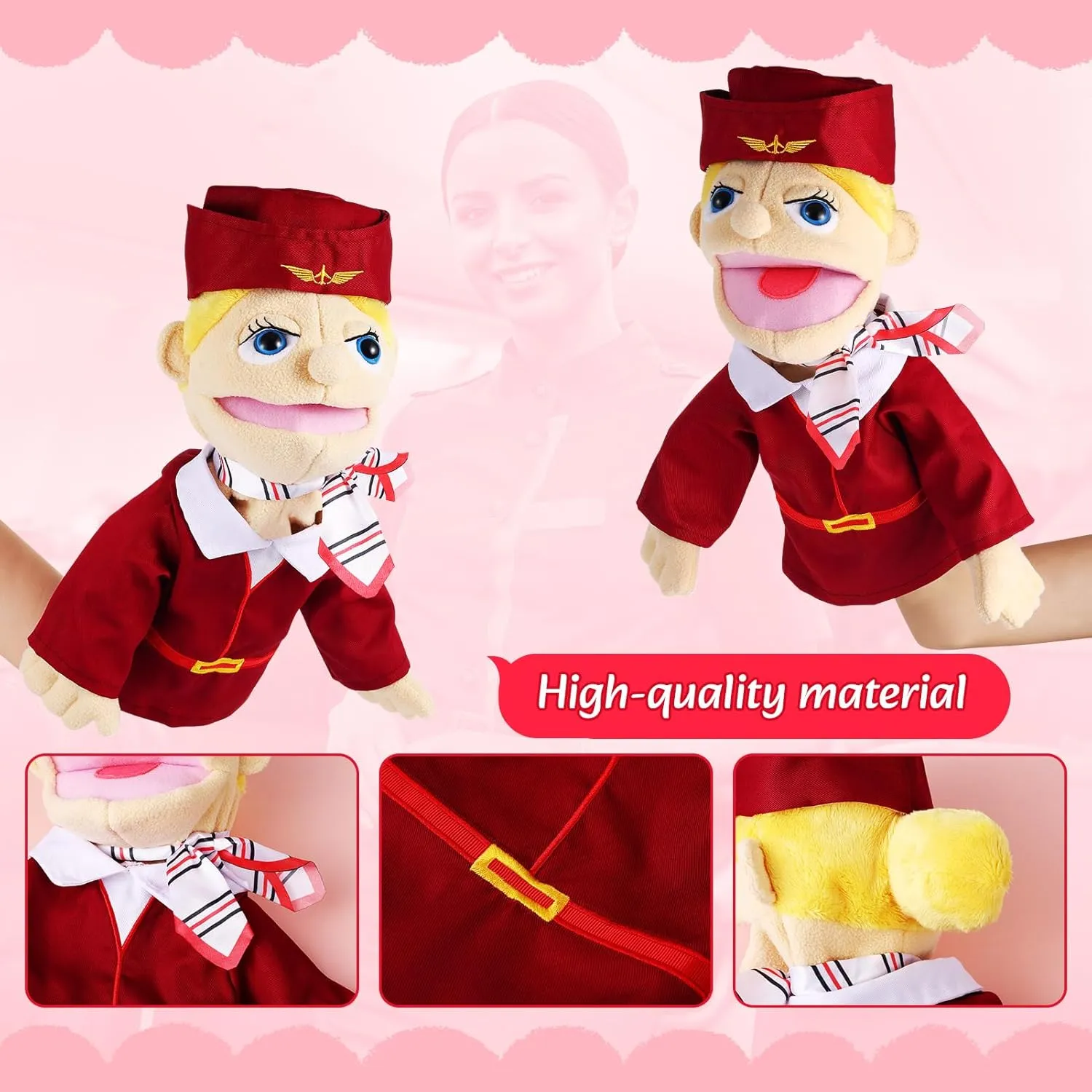 Storytelling Imaginative Pretend Play Teaching Preschool(Stewardess) Role Play Hand Puppets Hand Plush Chef Doctor Fireman Pirate Detective Athlete Nurse Worker Hand brew wrong Puppet Toys Puppets for Kids 