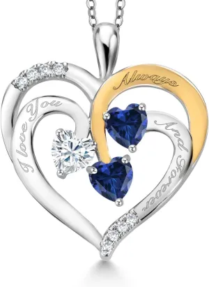 stubble inspire always and forever` Engraved Pendant Necklace For Women (1.42 cttw$ Heart Shape 5MM$ 18 Inch Chain) Gem Stone King 2 Tone White Moissanite and Blue Created Sapphire `I love you 
