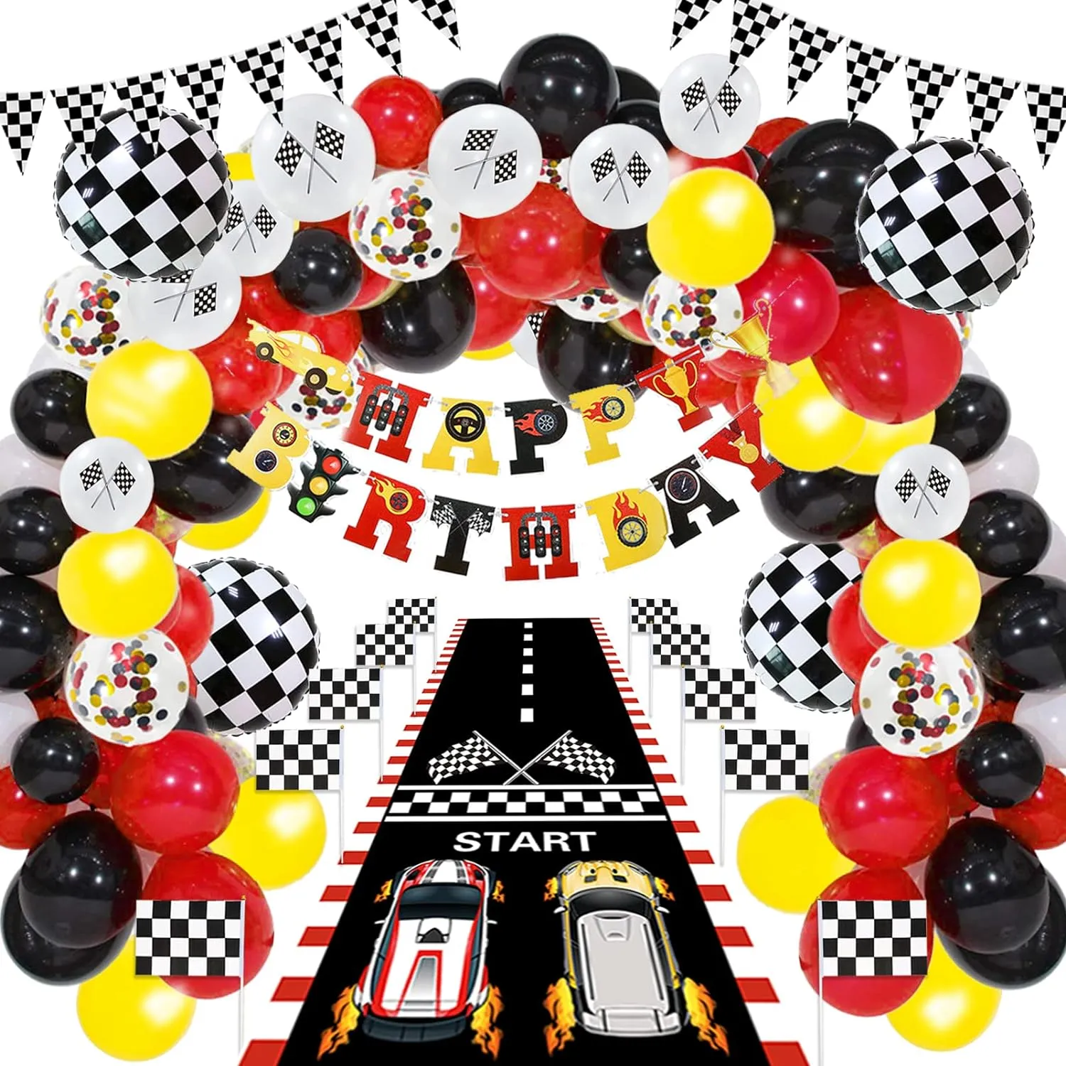 Supplies$ Race Car Balloon Garland Kit with Racetrack Checked Flags HAPPY BIRTHDAY Banner Black and White Pennant Banner for Race Car Party Decorations 124 Pcs Race Car Birthday signify Party 