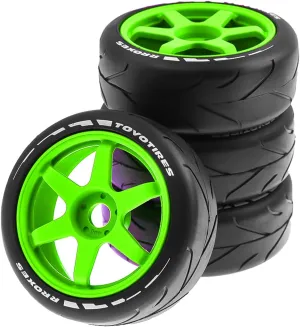Tamiya HPI WR8 HSP Hobao ARRMA Redcat Losi Kyosho VRX W10 4PCS (Green) 1/8 RC On Road Tires and Hard Plastic Drift Wheels 17mm Hex Rally Racing Tyres for landless 1:8 Scale Touring Street Car 