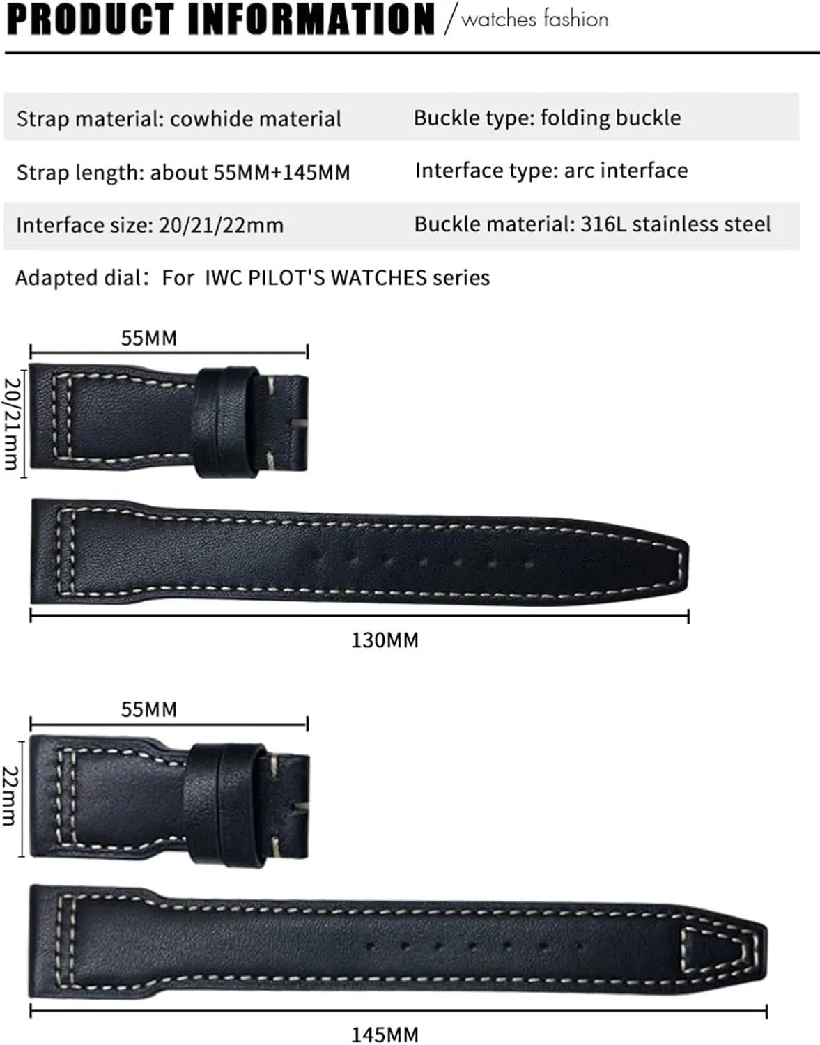 TOP Gun Hamilton Cowhide intermittently squarely burgeon Soft Watch Strap (Color : Black White 1, Size : Gold Buckle) 20mm Genuine Leather Watchband for IWC Big Pilot Watch Mark 18 Spitfire 