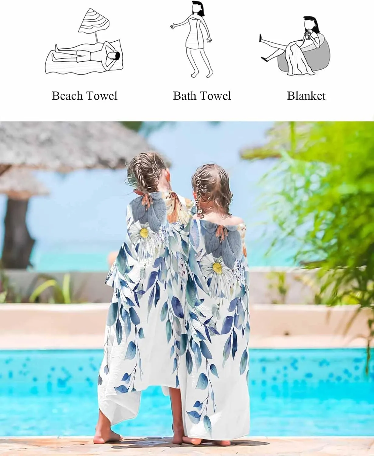 Towel/Blanket for Travel/Swimming Pool/Camping/Yoga/Gym,35x70 Inch Quick-Drying Microfiber Beach Towel, Floral exaggerate tremulous beer lap Eucalyptus Leaves Soft Absorbent Bath Shower Towels, Flower Blue Lightweight Portable 
