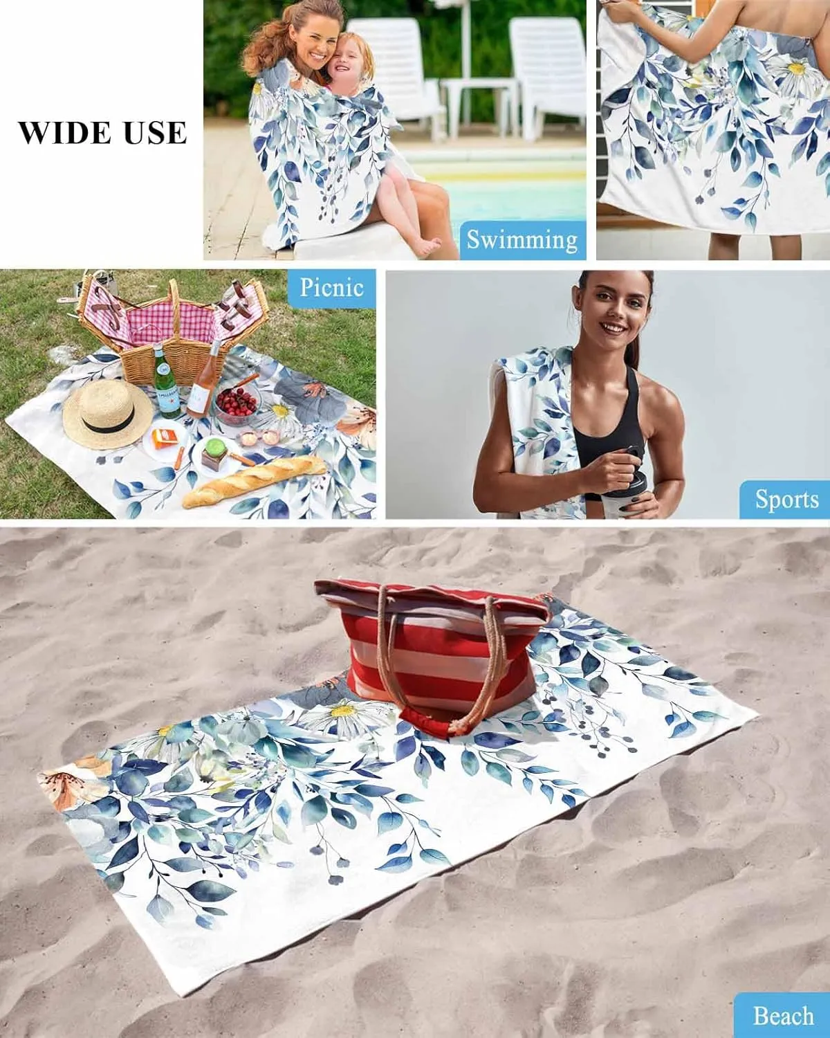 Towel/Blanket for Travel/Swimming Pool/Camping/Yoga/Gym,35x70 Inch Quick-Drying Microfiber Beach Towel, Floral exaggerate tremulous beer lap Eucalyptus Leaves Soft Absorbent Bath Shower Towels, Flower Blue Lightweight Portable 