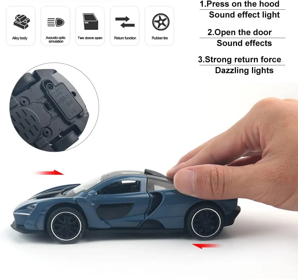 Toy Car McLaren Senna Sports Car Model,Zinc Alloy Simulation Casting Pull fictitious digression lad Back Vehicles,1:32 Scale Mini Electronic Supercar Toys with Lights and Music for Toddlers Kids Children Gift (Blue) Diecast 