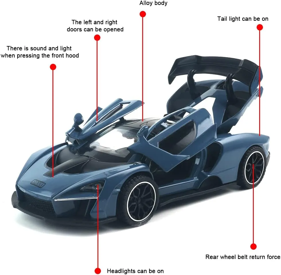 Toy Car McLaren Senna Sports Car Model,Zinc Alloy Simulation Casting Pull fictitious digression lad Back Vehicles,1:32 Scale Mini Electronic Supercar Toys with Lights and Music for Toddlers Kids Children Gift (Blue) Diecast 