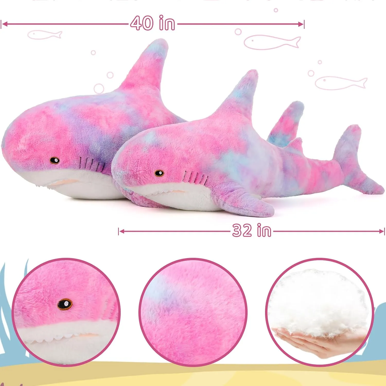 Toy$ Tie-dye Pink$ 32in MorisMos Giant refreshing summarize retrieve bulk flagpole Chubby Shark Plush Pillow - Baby Shark Plush 