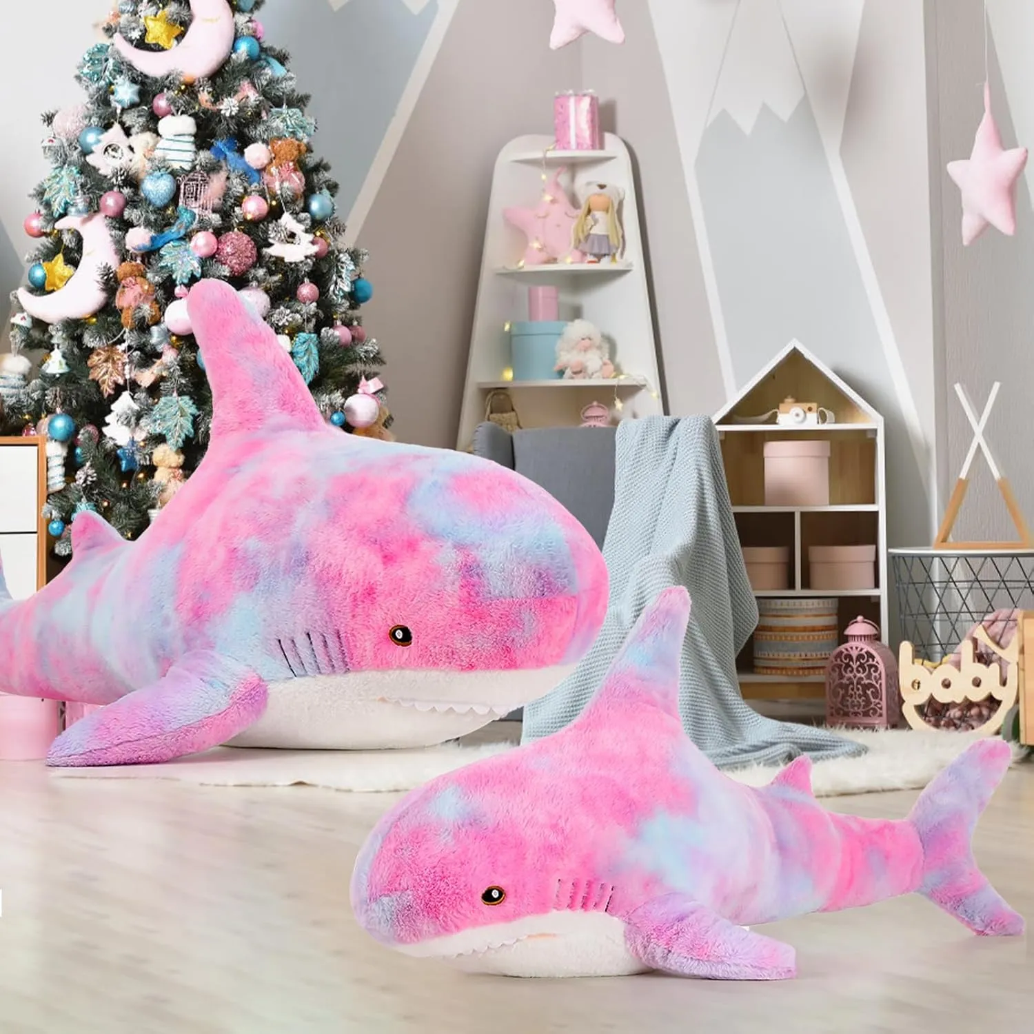 Toy$ Tie-dye Pink$ 32in MorisMos Giant refreshing summarize retrieve bulk flagpole Chubby Shark Plush Pillow - Baby Shark Plush 