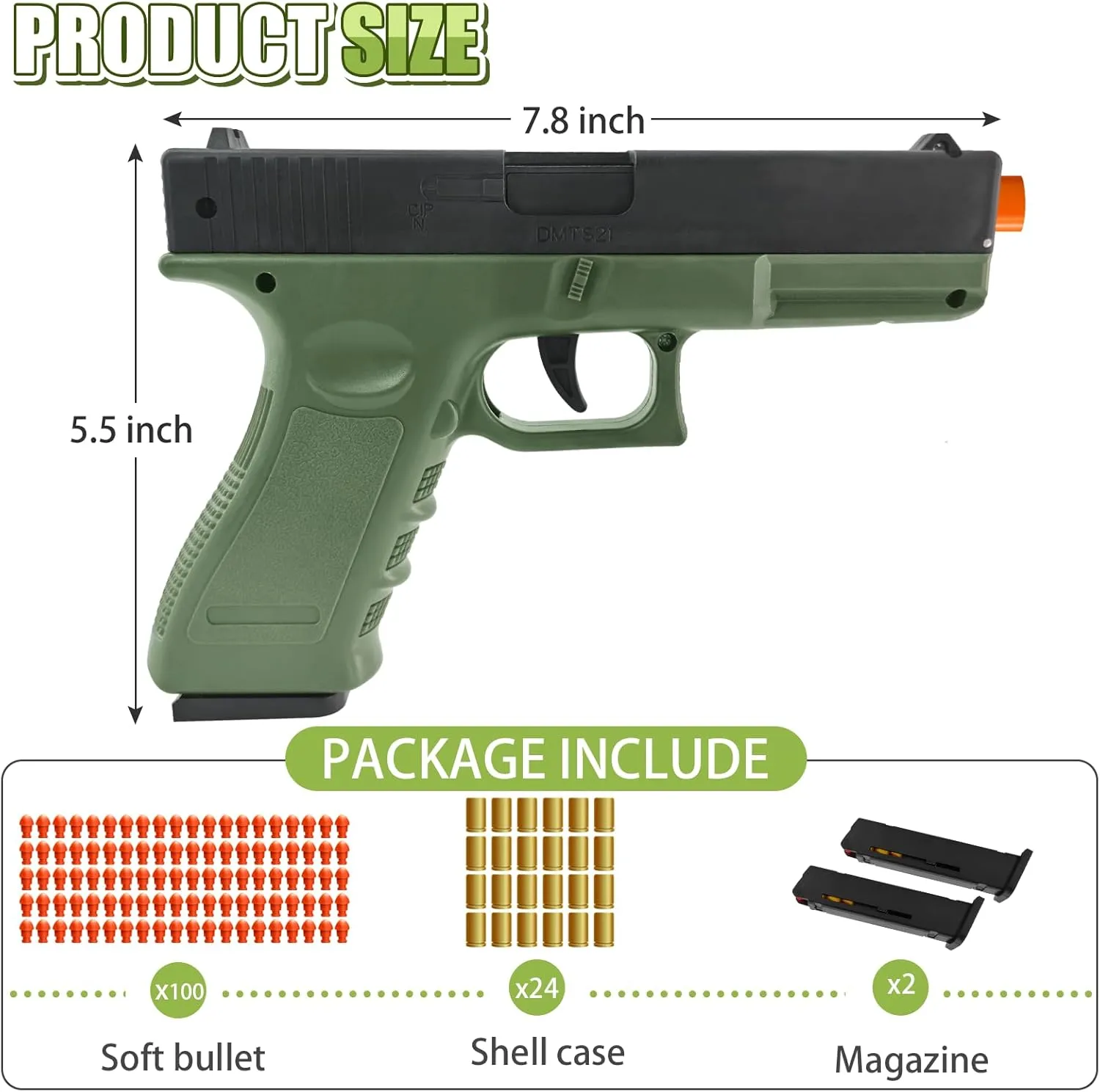 Toy with 100 Soft Bullets, 24 Shells and 2 Magazines,Education Toy Model,Christmas Birthday Gifts for Boys&Girls Kids Adults Age 8 (Green) Soft Bullet Toy Gun guilty with Shell Ejecting,Gun Fidget 