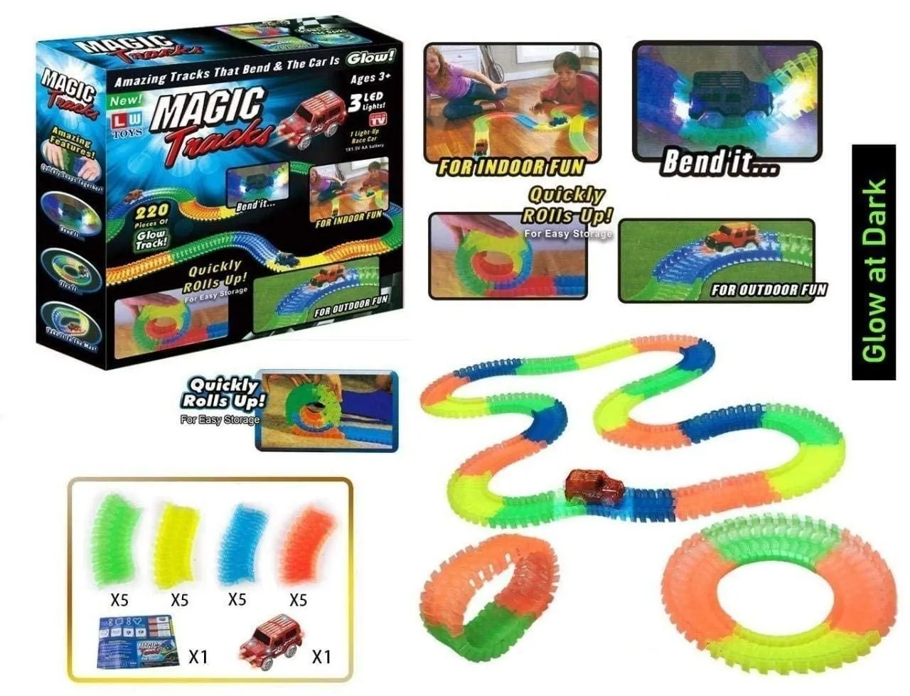 Tracks Toy Amazing Racetrack - Bends, Flexible and Glows - 3D LED Lights (Multicolor) for Kids