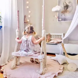 Tree Swing �C Macrame Tree Swing Seat rendition brave terrace with Soft Cushion for Adult Kids Indoor and Outdoor$ Large Wooden Hanging Swing$ Adjustable Cotton Rope Pink Wooden 