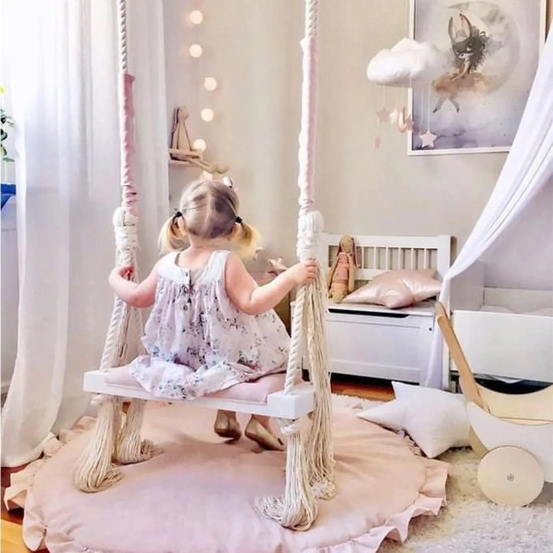 Tree Swing �C Macrame Tree Swing Seat rendition brave terrace with Soft Cushion for Adult Kids Indoor and Outdoor$ Large Wooden Hanging Swing$ Adjustable Cotton Rope Pink Wooden 