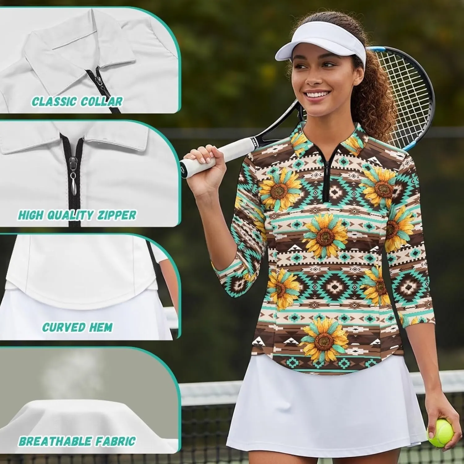 V-Neck with Collar Golf Outfits Womens Golf Shirt plastic credit material irregularly 3/4 Sleeve Tennis Shirts Athletic Tops Soft Quick Dry Quarter Zip 