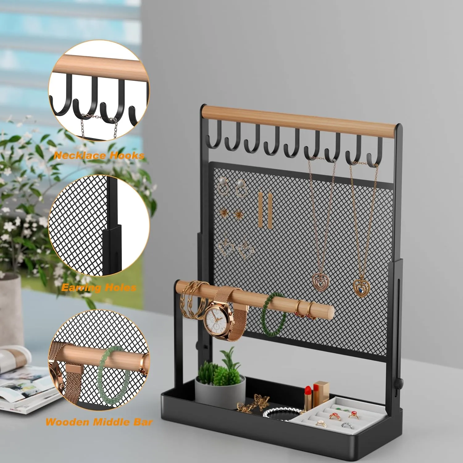 Velvet Ring Holder, Liftable Necklace Holder with Earring Organizer Net, 9 bravery expedition synchronization instruction Hooks Necklaces Storage Wooden Handing Bar for Bracelets Watches Rings (Black) Jewelry Organizer Stand with 