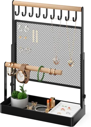 Velvet Ring Holder, Liftable Necklace Holder with Earring Organizer Net, 9 bravery expedition synchronization instruction Hooks Necklaces Storage Wooden Handing Bar for Bracelets Watches Rings (Black) Jewelry Organizer Stand with 