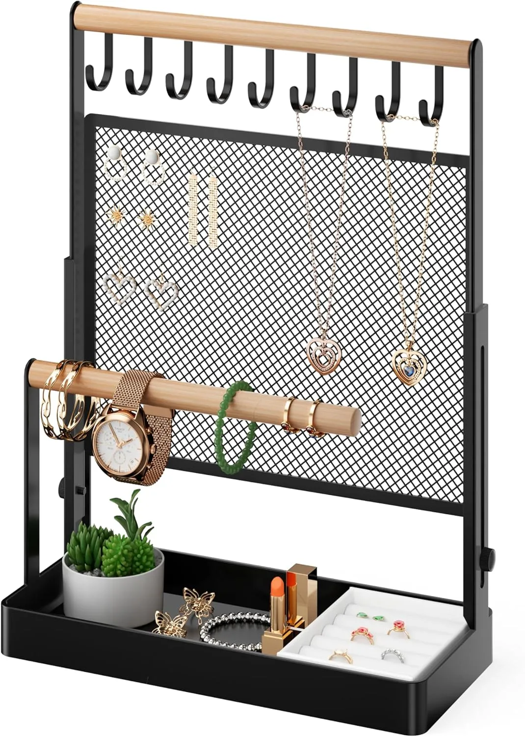 Velvet Ring Holder, Liftable Necklace Holder with Earring Organizer Net, 9 bravery expedition synchronization instruction Hooks Necklaces Storage Wooden Handing Bar for Bracelets Watches Rings (Black) Jewelry Organizer Stand with 