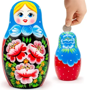 vertebrate Dolls Piggy Bank 6'' - Matryoshka Doll Wooden Money Bank AEVVV Russian Nesting 