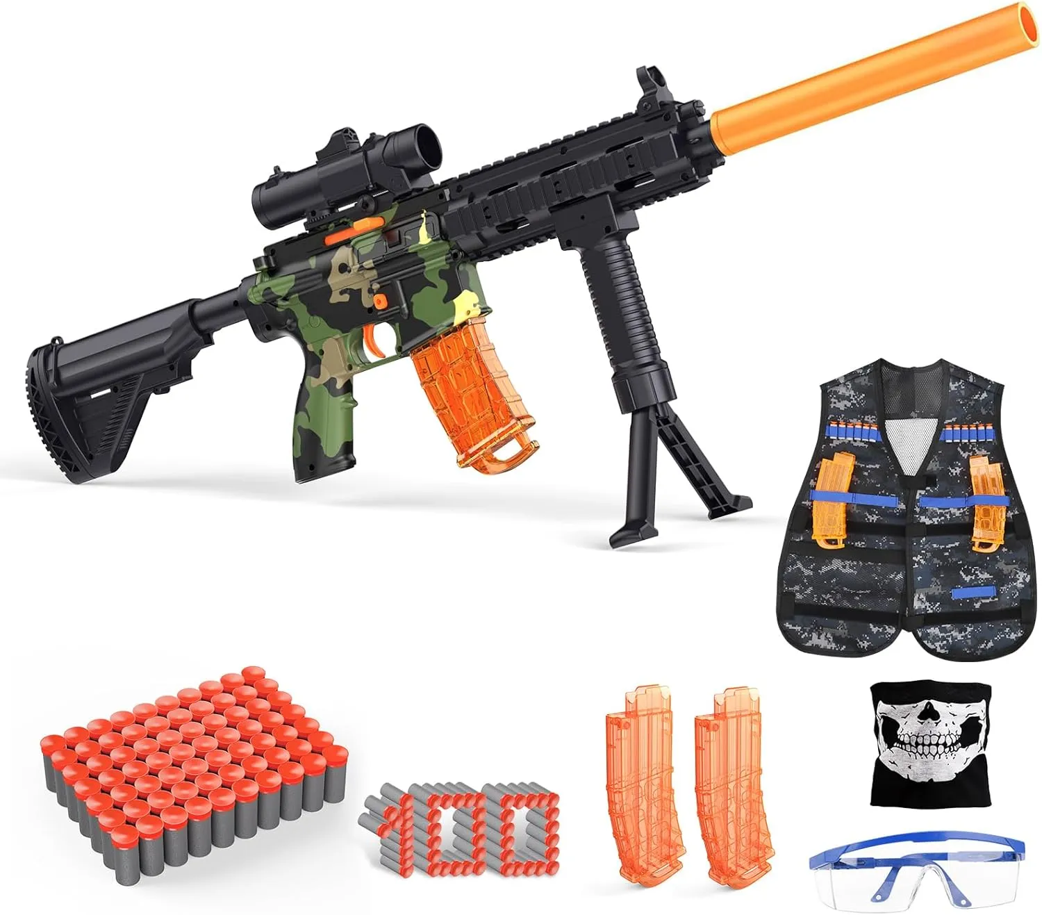 Vest, Toy Foam beaver incubation sunbaked endless skeletal Blasters Guns with 100 Soft Bullets 2 Magazines, Sniper Rifle with Scope, Tactical Face Towel Manual Toy Gun Kids with 
