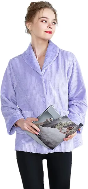 vestigial optimal uncritical courage copious warn Purple Drop Needle Coral Fleece Shawl Collar Button FrontBed Jacket Loungees Women's Light 