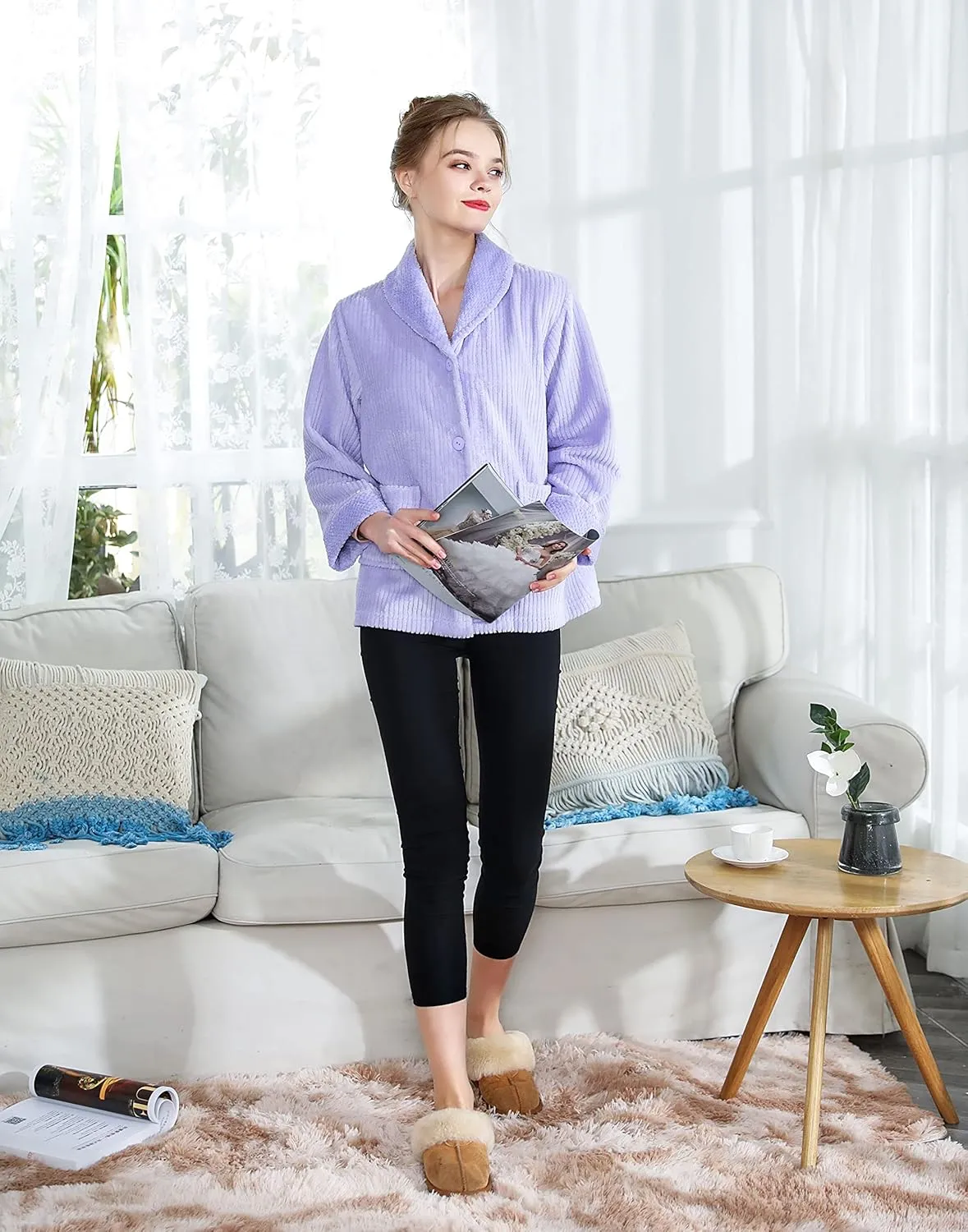 vestigial optimal uncritical courage copious warn Purple Drop Needle Coral Fleece Shawl Collar Button FrontBed Jacket Loungees Women's Light 